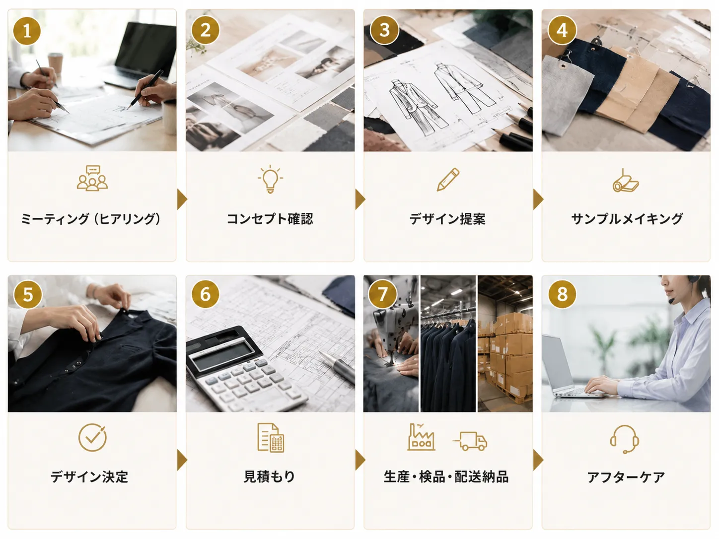 1.ミーティング（ヒアリング）/2.コンセプト確認/3.デザイン提案/4.サンプルメイキング/5.デザイン決定/6.見積もり/7.生産・検品・配送納品/8.アフターケア