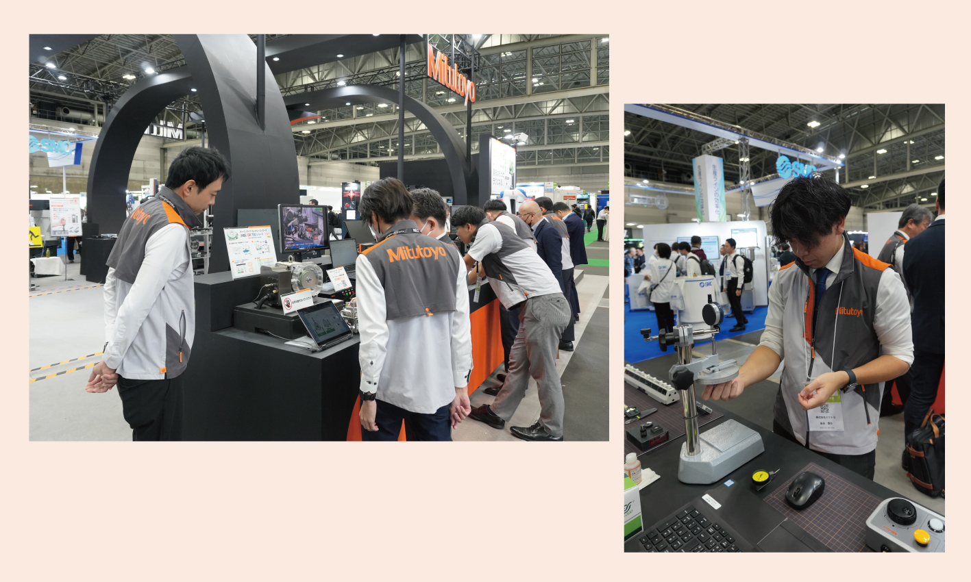 株式会社ミツトヨ様の社員の方々が作業服・ワーキングウェアを着用して展示会を行っている。