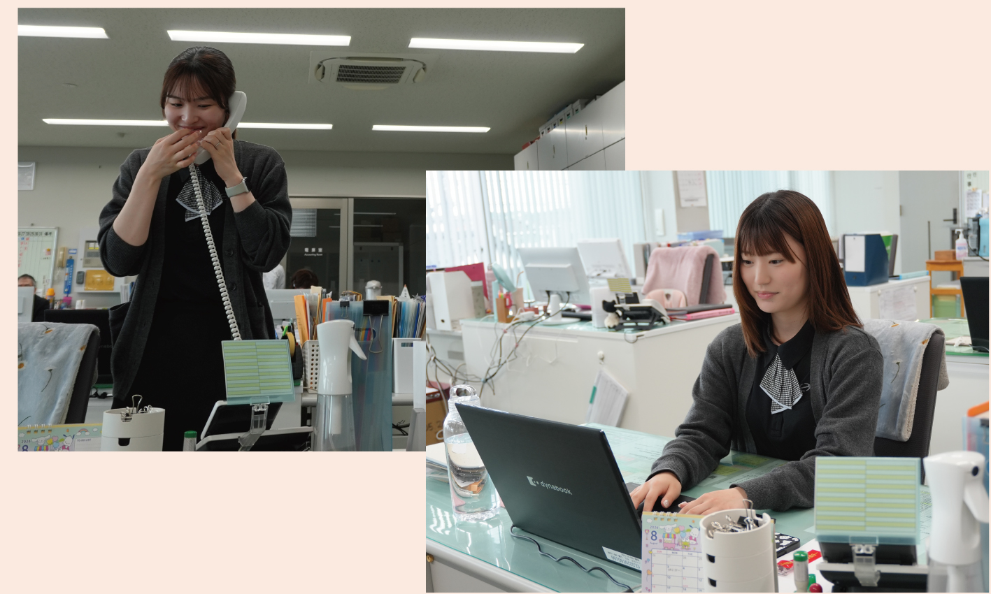 事務服を着用した女性スタッフが電話対応をしている写真。