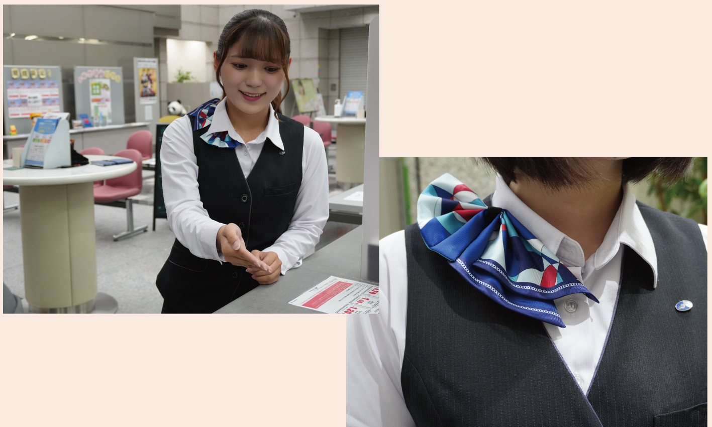 事務服を着た女性2名とスカーフ