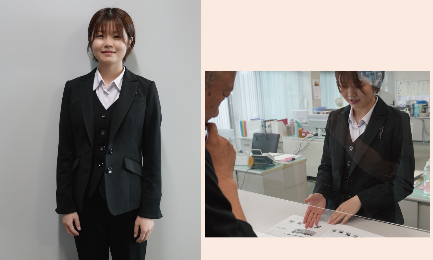 パンツをはいた女性スタッフがお客様に案内している写真。